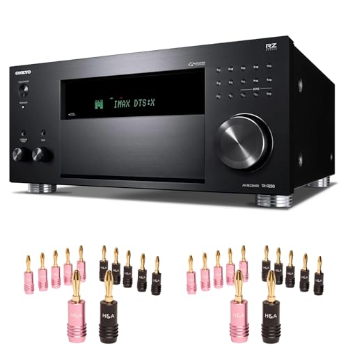 Onkyo TX-RZ50 9.2-Channel 8K/4K Network AV Receiver 250W Per Channel at 6 Ohms + H&A Speaker Connector Banana Plugs 12 Pairs