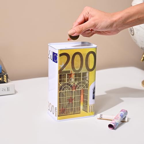 Image of Market99 Rectangular Money Bank | Yellow Tin Coin Bank with 200 Euro Note Print & Glossy Finish | Durable Piggy Bank for Kids & Adults | Stylish Savings Box for Home, Office Desk & Gifting
