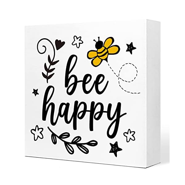   Be-Happy-Honey-Bee-Wooden-Plaque-Sign-Desk-DecorRustic-Inspirational-Wood-Block-Sign-Desk-Decorations-for-Summer-Home-Living-Room-Office-Garden-Shelf-Table-Decor