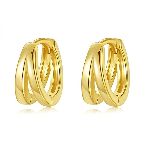 DAILY VIBES Small Gold Huggie Hoop Earrings for Women 14K Real Gold Plated Dainty Sterling Silver Post Split Mini Hoops Double Chain Drop Dangle Earrings for Women