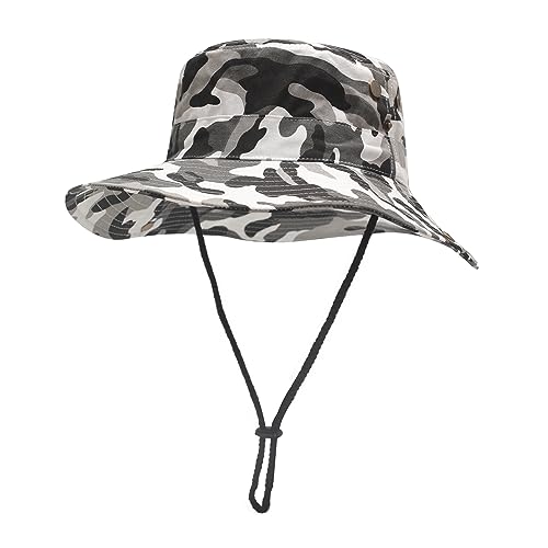 ZLYC Mens Waterproof Camo Sun Hat Wide Brim Packable Outdoor Mesh Fishing Bucket Hats (8cm Brim Camo White)