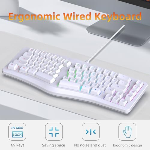 Clavier divisé silencieux ergonomique et filaire avec rétroéclairage RVB blanc