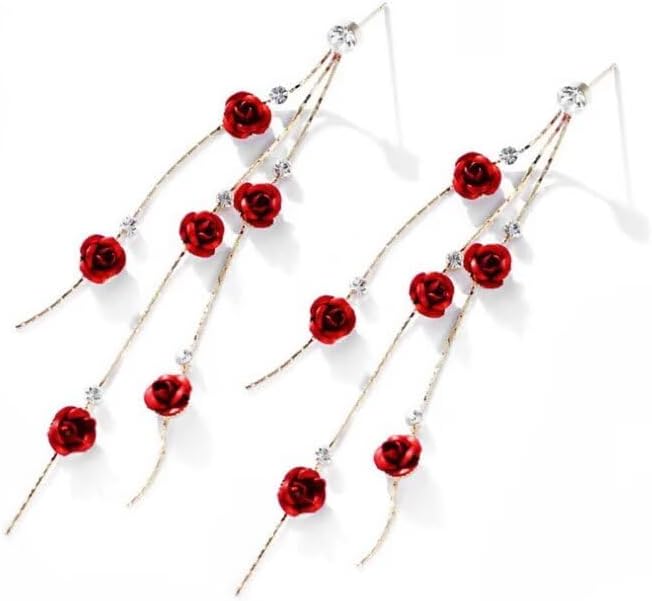 Red Rose Earrings Necklace Jewelry Set for Women Dainty Crystal Rhinestone Rose Flower Pendant Necklace Dangle Earrings Valentines Day Birthday Gifts - Image 6