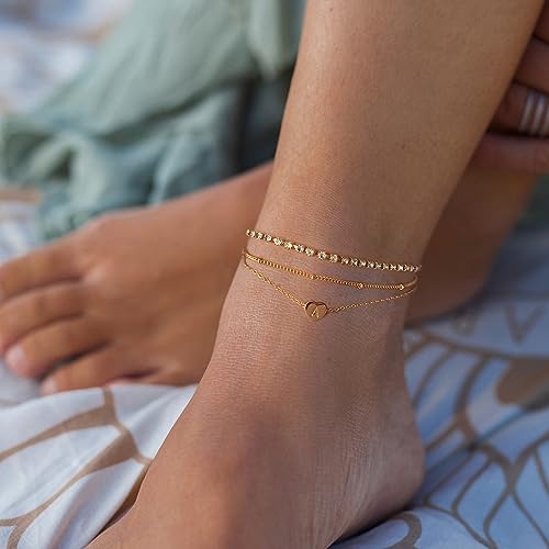 Image of Yanoda Initial Ankle Bracelets for Women, 14K Gold Plated Waterproof Dainty Layered Heart Letter Initial Anklets Personalized Gifts