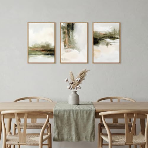 Image of KAIRNE Green Abstract Neutral Framed Canvas Wall Art Set,Modern Watercolor Shapes Wall Decor,Minimalist Pastel Art Prints,Brown Gray Tan Artwork for Living Room,Bedroom,Farmhouse,Office-16 x24 x3