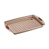 Rachael Ray Cucina Nonstick Bakeware Set with Grips Nonstick Cookie Sheet Baking Sheet with Crisper Pan 2 Piece Latte Brown with Cranberry Red Handle Grips
