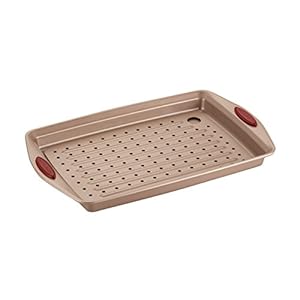 Rachael Ray Cucina Nonstick Bakeware Set with Grips, Nonstick Cookie Sheet / Baking Sheet with Crisper Pan - 2 Piece, Latte Brown with Cranberry Red Handle Grips Rachael Ray Cucina Nonstick Bakeware Set with Grips Nonstick Cookie Sheet Baking Sheet with Crisper Pan 2 Piece Latte Brown with Cranberry Red Handle Grips