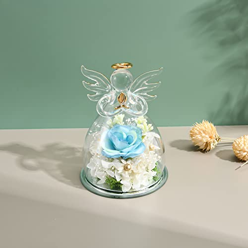 Feiyu673 Preserved Flowers Grandma Mothers Day Glass Angel Gifts For Women Mom Glass Artwork Gifts Valentine Day Gifts For Wife Her Birthday Gift Box With Necklace Gift Card For Mom Blue #TOP4