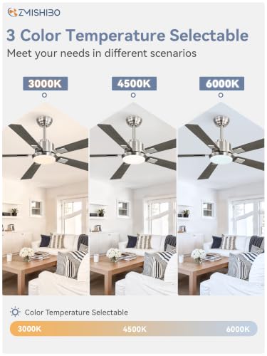 Image of ZMISHIBO 52 inch Brushed Nickel Ceiling Fans with Lights and Remote, Indoor /Outdoor Modern Ceiling Fan for Bedroom Living Room Patio, 6 Speed Reversible Quiet DC Motor, 3 CCT, Dual Finish Blades
