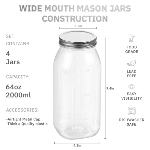 novelinks 64 oz Large Plastic Mason Jars with Airtight Lids Wide Mouth | 3 Pack, Silver, Storage Jars with Airtight Lids, Mason Jars 64oz, Big Jars Wide Mouth, Plastic Storage Containers for Pantry novelinks 64 oz Large Plastic Mason Jars with Airtight Lids Wide Mouth | 3 Pack, Silver, Storage Jars with Airtight Lids, Mason Jars 64oz, Big Jars Wide Mouth, Plastic Storage Containers for Pantry - Image 2