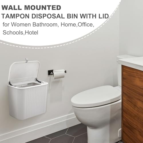 Image of Sanitary Napkin Receptacle,Gray Plastic Feminine Hygiene Disposal Trash Can with Lid 10x9x6inches Wall Mounted Tampon Disposal Bin for Bathroom,Office,Sanitary Waste(with 200pcs Trash Bag)
