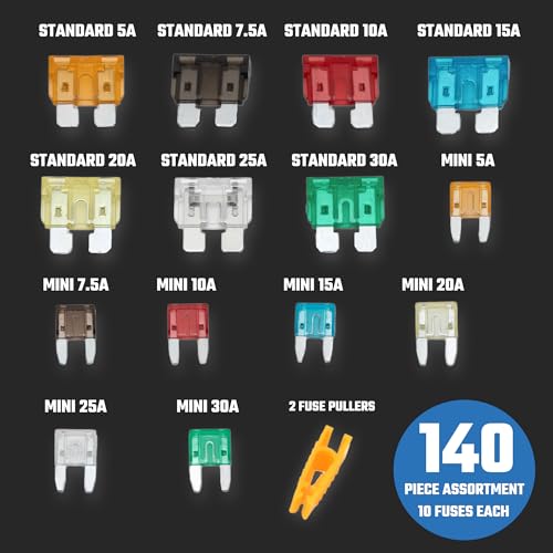 Image of NEIKO 50502A Car Fuses Assortment Set, 140pc, Fast Acting, Auto Fuses Kit, Standard and Mini Sizes, 5A, 7.5A, 10A, 15A, 20A, 25A, and 30 Amp, Marine Boat, Automotive, RV, Car Fuse Kit, Fuse Puller