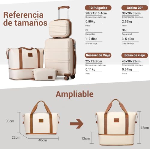 Miniatura 2 de Kono Juego De Maletas De Viaje 4 Piezas 12 20 Abs - Maleta De Cabina, Neceser Rígido Y Bolso De Fin De Semana Con Ruedas 360 Silenciosas Y Candado Tsa Beige