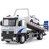 Police Tow Truck Toy Metal Cab, Flatbed Tow Truck Toys for Boys with Lights and Siren Sounds, Friction Powered Police Car for Toddlers Kids 12.5'