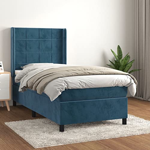 Mandloder Cama con somier con colchón, color azul oscuro, 90 x 190 cm, funda de terciopelo, cabecero ajustable, colchón de muelles ensacados, soporte de firmeza media para un sueño reparador
