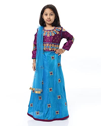 Image of Ashwini Girls Skirt Top With Neck Embroidery Work | Readymade Indian Kids Ethnic Skirt Top