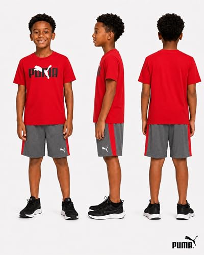 Image of PUMA Boys Short Set - 2 Piece Short Sleeve Crewneck Performance Graphic Tees and Athletic Mesh Shorts for Boys (Sizes: 4-16)
