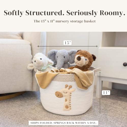 Image of Giraffe Baby Storage Basket, Woven Cotton Rope Nursery Bin, 15x11 in | Stuffed Animal and Blanket Storage, Soft Felt Giraffe Patch, Safari Nursery Decor, Baby Shower, Kids Playroom Organizer