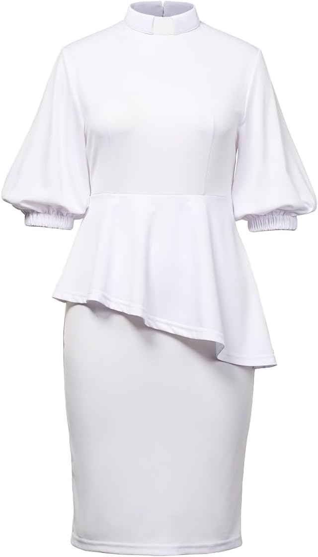 Church Clergy Dress for Women 3/4 Sleeve Irregular Ruffle Pencil Dress with Tab Collar - Image 4