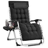 SONGMICS Sonnenliege klappbar, Liegestuhl, Kissen abnehmbar, Gartenstuhl Stahlgestell, Relaxliege bis 110 kg belastbar, Kopfkissen verstellbar, Tasche, Tablett, für Balkon, schwarz GLB040BZ02