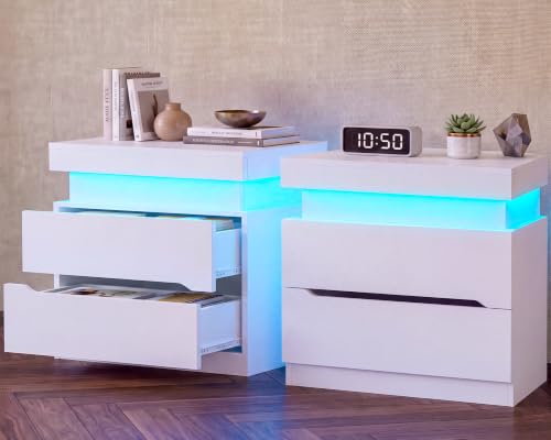Image of TEENFON Nightstands Set of 2, Night Stand with Sliding Top, Nightstand with App-Controlled Adjustable LED Lights, Bedside Table with 2 Drawers, Modern Nightstands for Bedroom,White