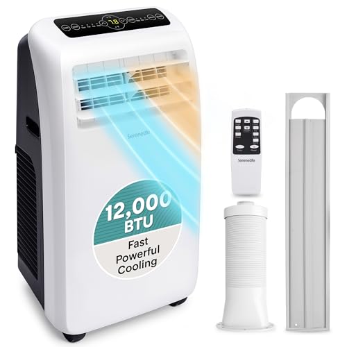 SereneLife Portable Air Conditioner with Heat & Built-in Dehumidifier 12,000 BTU, Portable Heater & AC for Rooms up to 550 Sq Ft - Remote Control & Window Mount Exhaust Kit Included