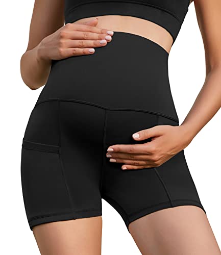 Xpenyo Women Maternity Yoga Shorts Pregnancy High Waisted Over Belly Workout Running Active Athletic Shorts Black, L #TOP12