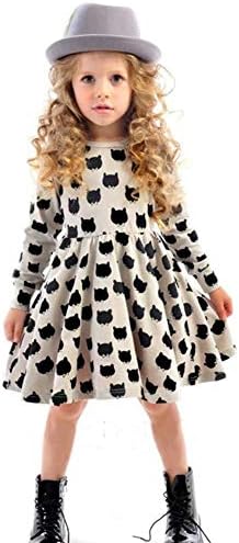 iceko Girls Holiday Dress Graffiti Cat Printed Long Sleeve Toddler Holiday Dresses for Girls 2T to 7T