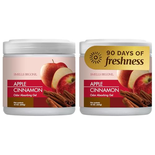 SMELLS BEGONE Air Freshener Odor Absorber Gel - 15 oz, Pack of 2 - Absorbs and Eliminates Odor in Pet Areas, Bathrooms, Cars, & Boats - Made with Essential Oils - Apple Cinnamon Scent