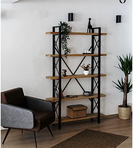 HomeHQ 5-Tier Pine Bookshelf, Bookcase With Solid Wood Shelves, Free Standing Industrial Bookcase for Living Room, Easy to Assemble Bookshelf, Rustic Pine Wood Bookcase, Metal Frame Shelving Unit