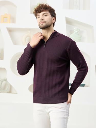 Image of Kvetoo Men High Neck Zipper Full Sleeve Woolen Winter Sweater