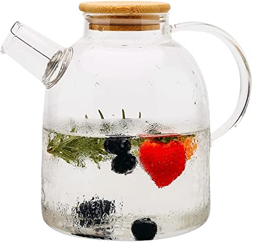 ROSEFINCH Glass Pitcher with Wooden Bamboo Lid and Golden Handle- 1.5 Litre - Glass Water Sun Tea Jar for - iced Tea, Juice, Milk, Coffee, Fruit Hot & Cold Beverages Carafe - Pack of 1, Clear.