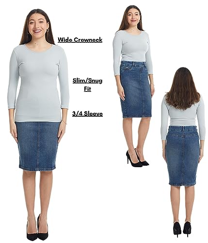 Image of ESTEEZ Women's 3 /4 Sleeve Wide Neck Layering T-Shirt - Modest Cotton Stretch Fitted Base Layer Top