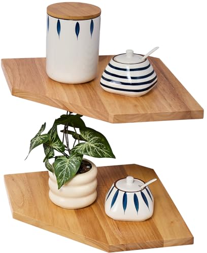 Gieanoo Lot de 2 étagères d'angle flottantes en bois de chêne massif blanc avec trou métallique pour petites plantes pour cuisine, salon, chambre à...