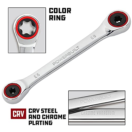 Image of Powerbuilt Ratcheting Double Box-End E-Star Wrench E6 /E8, 5 Degree Swing, 72 Tooth, Red Color Ring, Hand Tool 641759