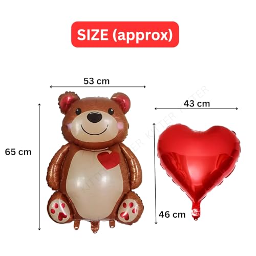 Image of KITTER Bear Theme Birthday Party Decoration Kit, Birthday Decor Foil Balloons Set for Boys Girls Kids, Set of 5 Pieces | Includes 1 Big Bear, 2 Red Hearts & 2 Silver /Chrome Colour Foil Balloons