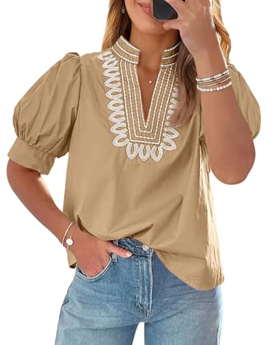 Cicy Bell レディース パフ半袖ブラウス 夏 カジュアル ドレッシー刺繍 Vネック トップス ルーズフィット Tシャツ, カーキ, Largeの商品画像（Amazon）