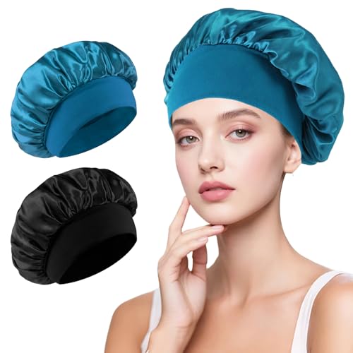 2 Piezas Gorro de seda Pañuelo de Seda,Gorro de Seda Ajustable,Transpirable Gorro Saten para Pelo Rizado,Reutilizable Gorros de Satén para Pelo Rizado para Mujeres y Niñas(Negro & Azul Pavo Real)