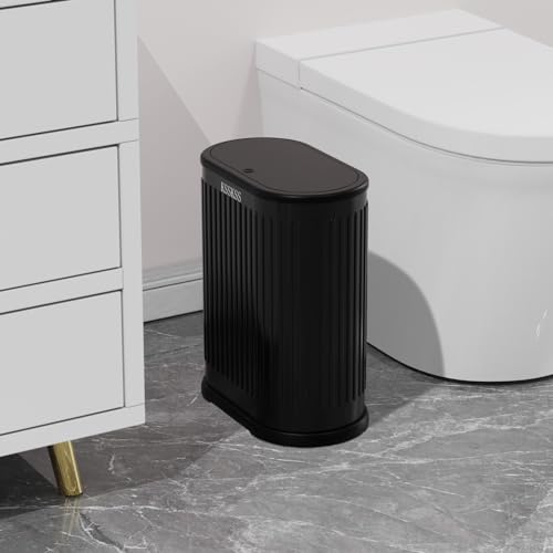 Image of KSSKSS 1.8 Gallons Small Stainless Steel Trash Can with Press Type Lid, Slim Bathroom Garbage Bin, Removable Liner Bucket, Dog Proof Narrow Wastebasket with Pop-Up Lid for Bedroom,Toilet (Matt Black)