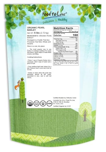 Food to Live Organic Pearl Barley, 6 Pounds – Non-GMO, Polished Unhulled Barley, Kosher, Vegan, Bulk. Cooks Faster than Hulled Barley. Rich in Fiber, Selenium. Great for Hot Cereal, Salads, Stews - Thumbnail 2