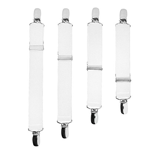 Hold’Em Bed Sheet Fastener Suspenders - Heavy Duty USA Made, Adjustable,Straight or Crisscross Keep Sheet SNUG Without Slipping Sheet Strap Holder Clips-4pc. Adjustable White