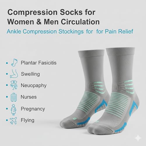 Image of Crew Socks for Women & Men Circulation, Ankle Compression for Diabetic and Neropathy Pain Relief, Swelling, Neuropathy, Runner, Nurses, Travel, Pregnancy, Flying - Grey