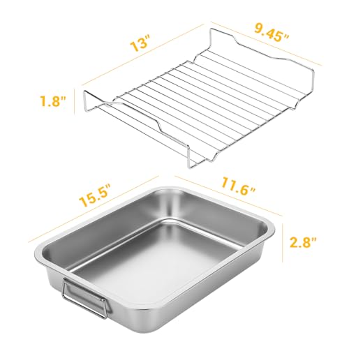 Tifanso Stainless Steel Roasting Pan - Heavy Duty Turkey Roasting Baking Broiler Pan with Rack and Handle for Oven, High Sided Easy to Clean Induction Roast Tray for Chicken, Vegetable, Lasagna