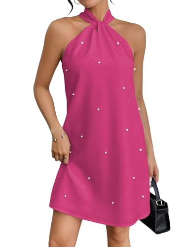 Floerns Women's Pearl Beaded Halter Twist Sleeveless Tie Back Dress