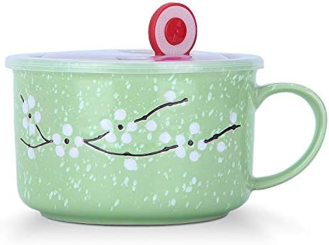 VanEnjoy 30oz Ceramic Bowl with Lid & Handle,Cherry Blossoms Among Snow Flake Pattern,Microwave for Instant Noodle Sara, Cereal Bowl