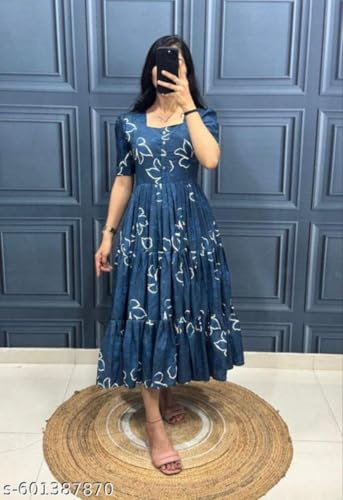 Image of Modestouze Attires Women's Paisley Pattern Rayon Midi Dress with Half Puff Sleeve Round Neck Calf Length and Pull On Closure Type