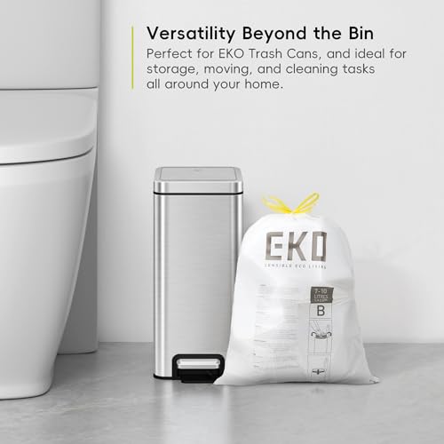 Image of EKO 2.6 Gallon / 7-10 Liter, 80 Count Small Drawstring Trash Bags, Extra-Strong Unscented Garbage Bags, Easy-Dispense Roll for Kitchen & Household Use, Resists Tears, Leaks and Punctures, Code B White