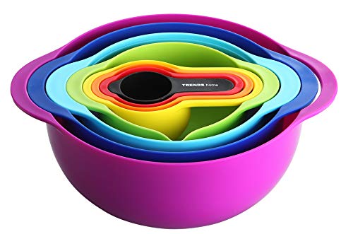TRENDS home 8 Pc Stackable Mixing Bowl Set, Colorful Kitchen Mixing Bowls, Ideal kitchen mixing bowls, Nesting Mixing Bowls & Measuring Cups, Durable BPA Free Plastic Mixing Bowl set with handles.