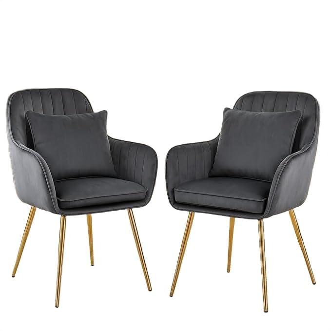 Image of Toxigo Velvet Office and Garden Area Outdoor Chairs | Cushion Seat Chair with Pillows for Modern Contemporary Upholstered with Polished Rosegold Metal Designer Piece | Set of 2 (Grey)