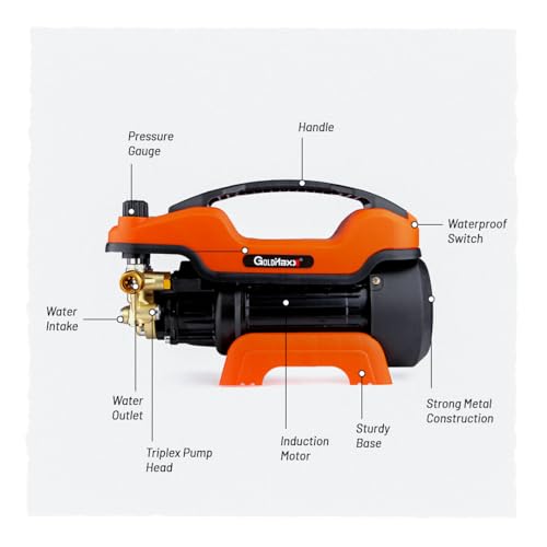 Image of Goldmaxx High Pressure Car Washer Machine 2800 Watts | Soap Dispenser, 10 Meters Outlet Hose and Tap Connector with Accessories for Cleaning Cars, Bike, Home & Garden (Orange)